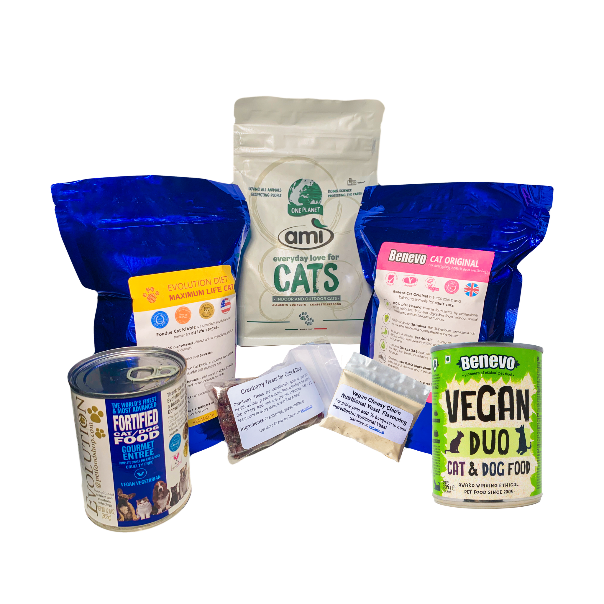 Vegan natural food all-in-one sample pack for cats in Canada featuring cans, dry food, and nutritional yeast.